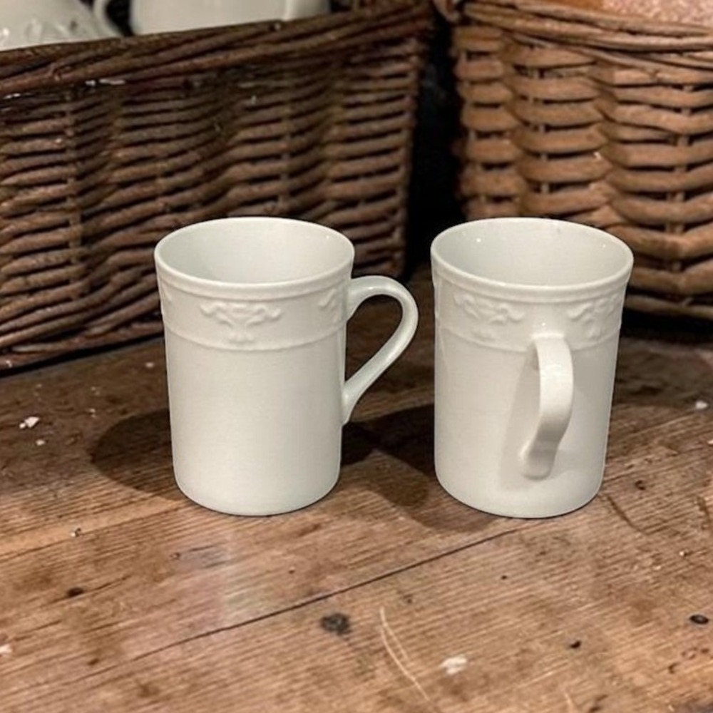 JCPenny Home White Coffee Cups, Set of 2, Vintage Inspired Patterned Mugs